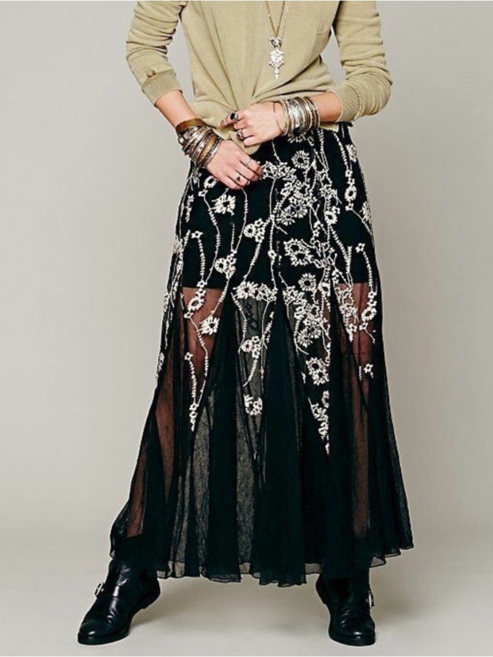 Free People Windswept Maxi Skirt Sheer Mesh Mermaid Whimsygoth Embroidered 8